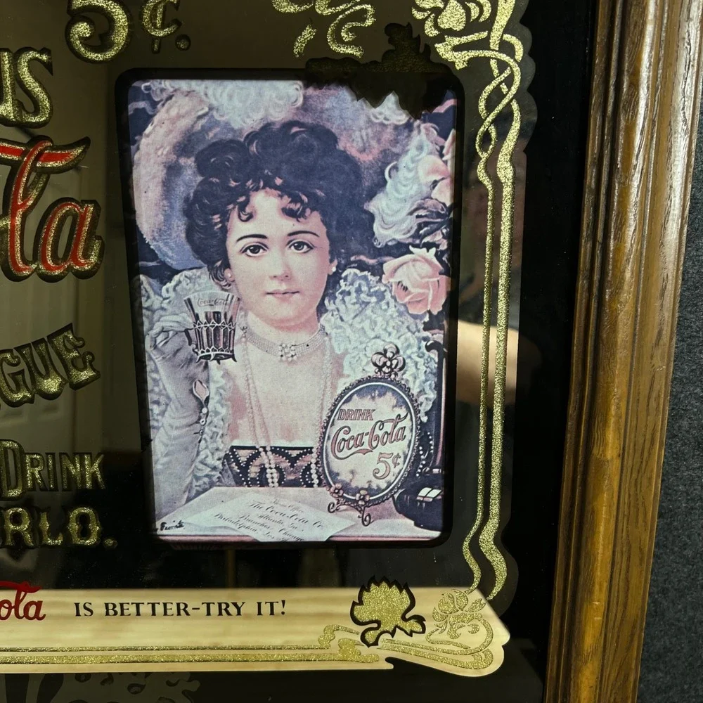 Vintage Coca-Cola Advertising Mirror Wood Frame Relieves Fatigue Victorian Lady